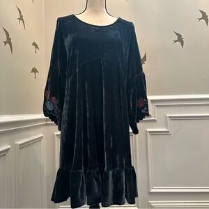 Umgee Green Blue Velvet Ruffled Tiered A-line Dress w 3/4 Bell Sleeves